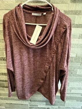 Notations Mauve-Burgundy Cowl Neck Top with Button Accent